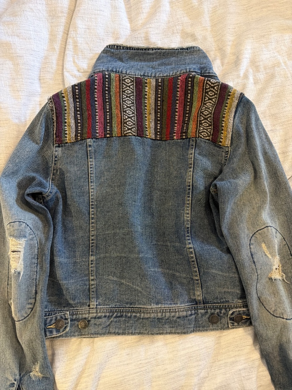 Free People Womens Size 8 Trucker Denim Patchwork Jacket We The Free Hippie Boho - Picture 6 of 6